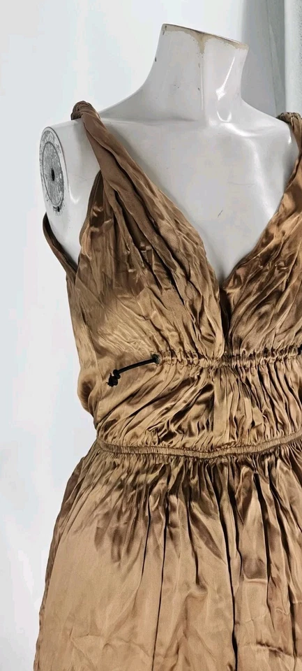 Alber Elbaz Lanvin Women's Dress 42 Viscose Silk Gold Pleated Sleeveless - Image 3 of 4