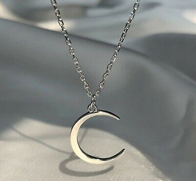 Women Classic Simple Moon 925 Sterling Silver Pendant Chain Necklace 16-18"