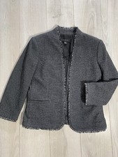Ann Taylor Cotton Blend Dark Gray Tweed Fringe Trim Jacket Sz 2P