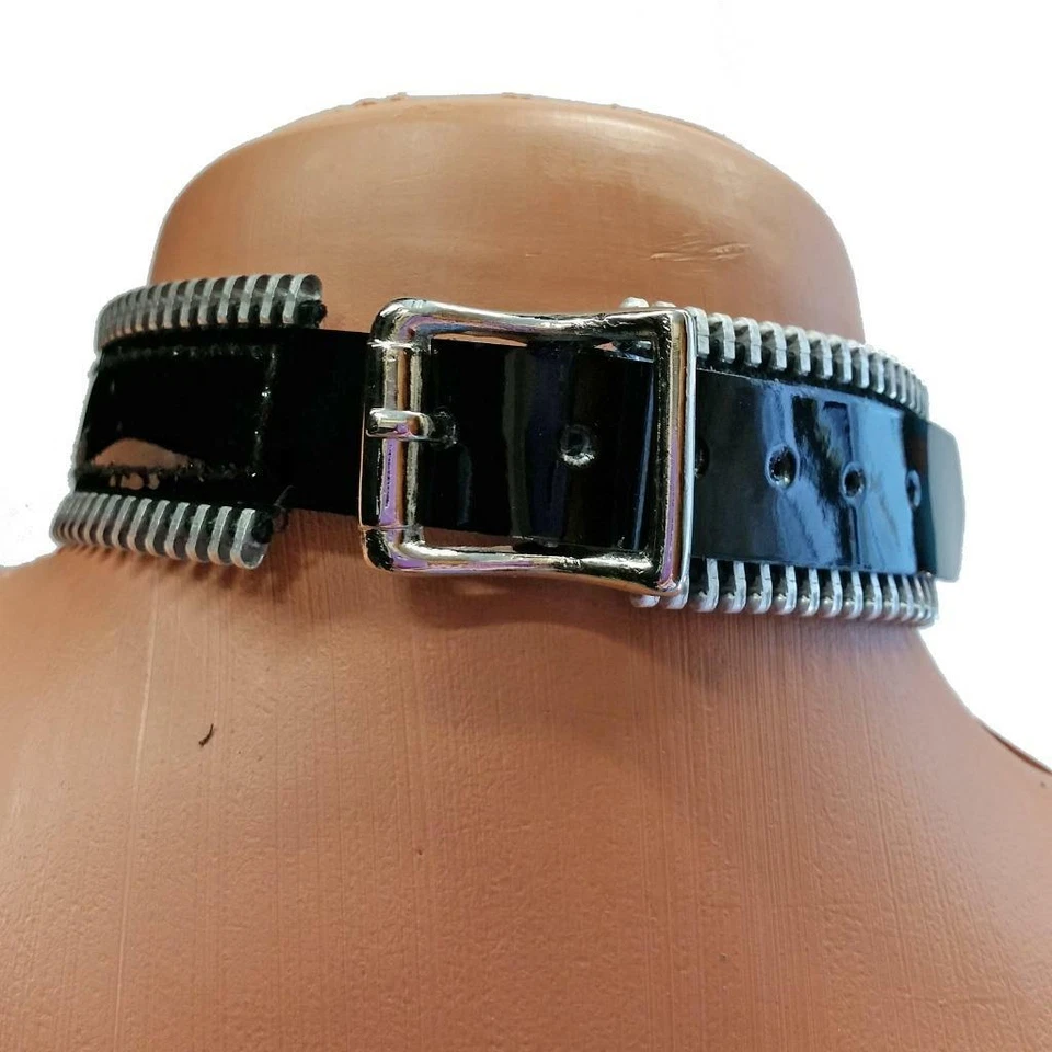 Gargantilla con ribete de cremallera cierre de hebilla ajustable cuello de vinilo negro V9078 Foto 2 de 4