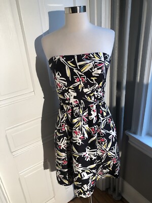 MILLY FIT FLARE STRAPLESS PARTY DRESS-SIZE12-BLACK WITH WHITE, RED  DESIGN-NWOT