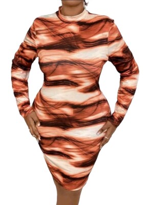 Womens Size 20-22 UK Orange Abstract Brush Bodycon Dress New 2XL Pencil Tie Dye