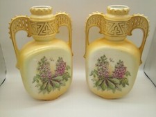 Pair Antique Austria Vases Amphora | Lilacs | Bee body mark | 9-7/8" | Austrian