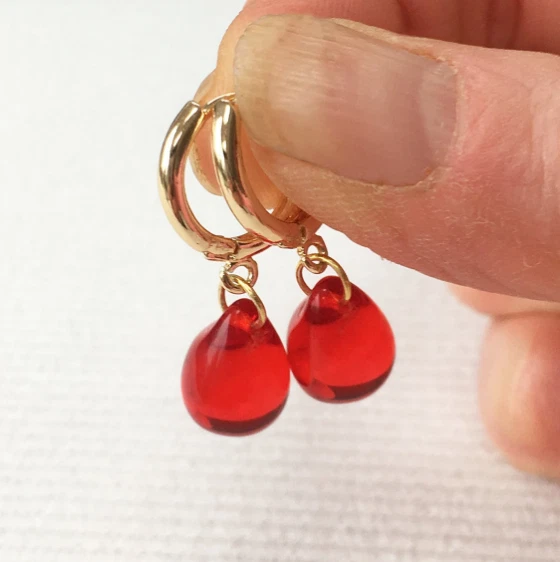 Gold Cubic Zirconia Earrings Red Simulated Ruby CZ 925 Sterling Faceted teardrop - Image 3 of 4