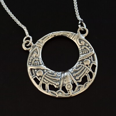Silver Necklace Vintage Pendant Boho 925 Gift Egyptian Revival Deco Disk 17 Gift