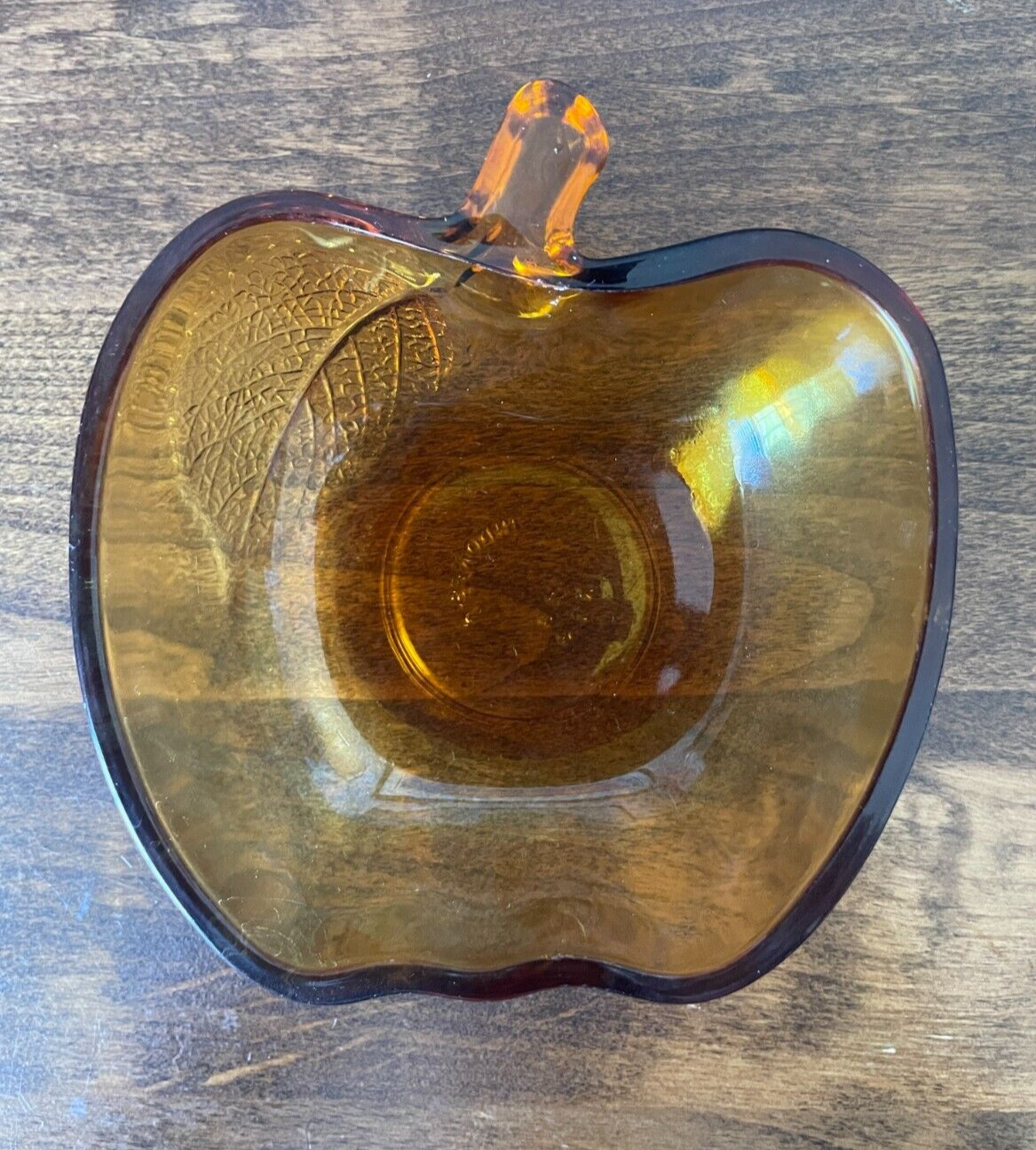 Vintage Indonesian Brown Glass Apple Shaped Bowls with Leaf Imprint 4 1/2 inches