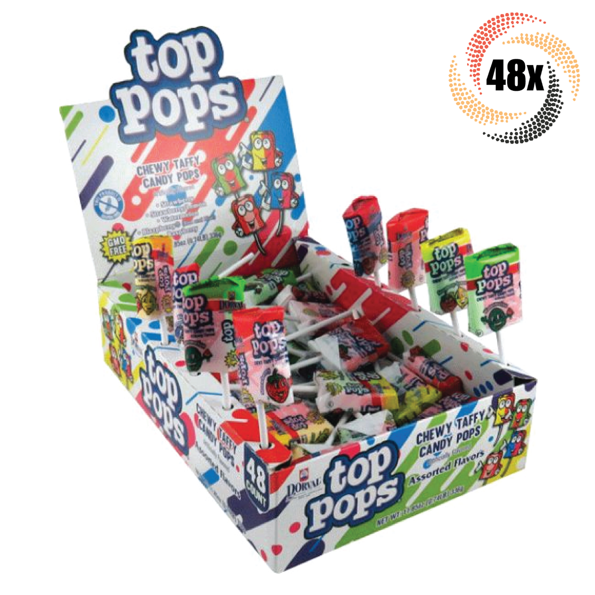 Full Box 48x Pops Dorval Top Pops Assorted Flavor Chewy Taffy