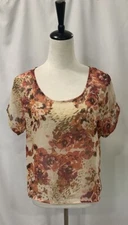 Crimson & Clover Red Pink Sheer Floral Leopard Crop Top Blouse Medium Grunge