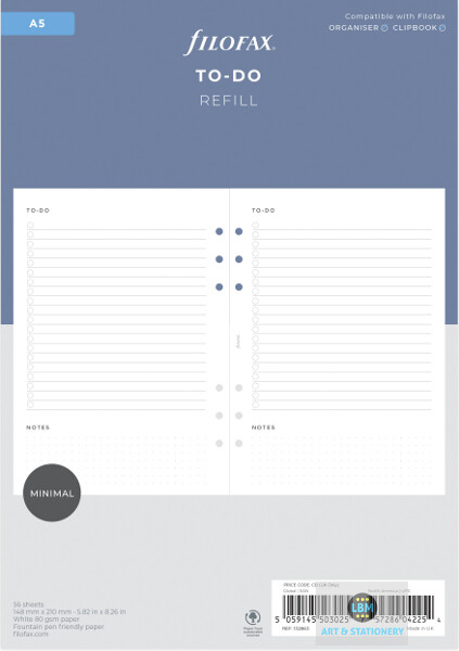Filofax A5 size To Do Organiser Minimal Design Refill 132863