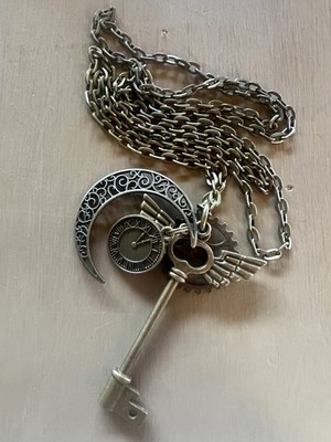 Whimsical Steampunk Charm Necklace Key Wing Clock Pendant Long