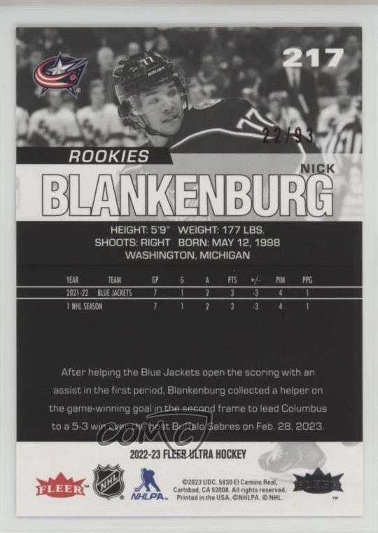 2022 Upper Deck Fleer Ultra Rookies Red Foil /93 Nick Blankenburg #217 Rookie RC - Image 2 of 2