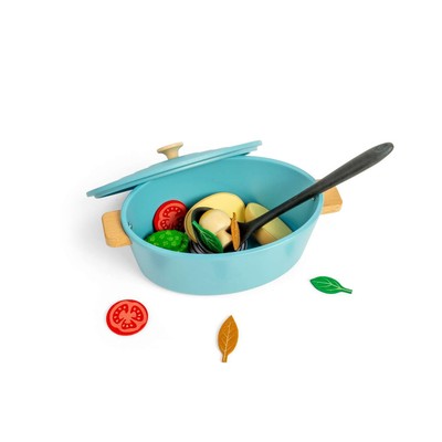Bigjigs Toys Auflaufform-Set - 17-teilig Holz Lebensmittel Spielzeug, Kinder Rollenspiel Zubehör