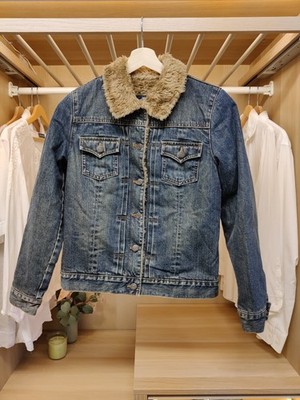 GAP MITTELBLAUER MANTEL JACKE TRUCKER KNOPFLEISTE DENIM KUNSTFELL GEFÜTTERT FREIZEIT DAMEN