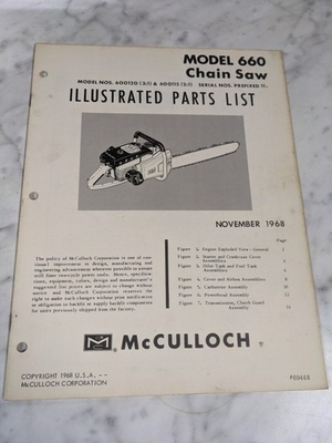 #ad MCCULLOCH PARTS LIST BOOK ILLUSTRATED MANUAL CHAIN SAW MODEL 660 69448 1968 $5.23