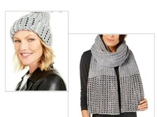 DKNY Flat-Stud Metallic Rib-Knit Scarf and Beanie Combo Gray/Silver