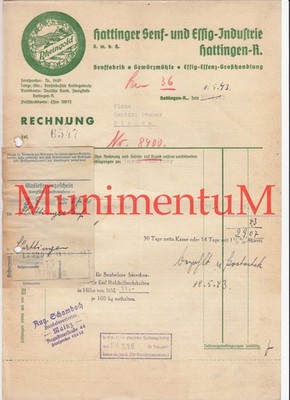 Hattinger Mustard & Vinegar Industry HATTINGEN - Invoice 1943 Schambach Mainz