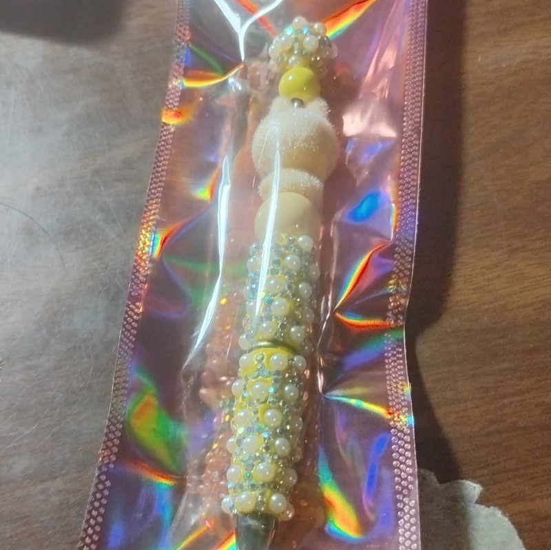 Yellow White Pearl Beaded Rhinestone Ballpoint Pen Black Ink Plastic New
