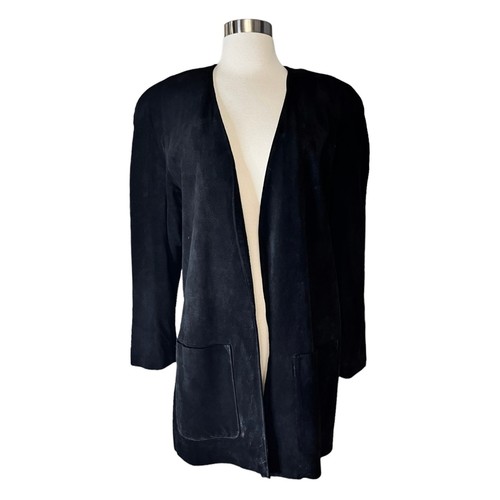 LORD & TAYLOR Suede Coat Black Open Leather Designer Boxy Pockets Korea 6 EUC - Picture 3 of 9
