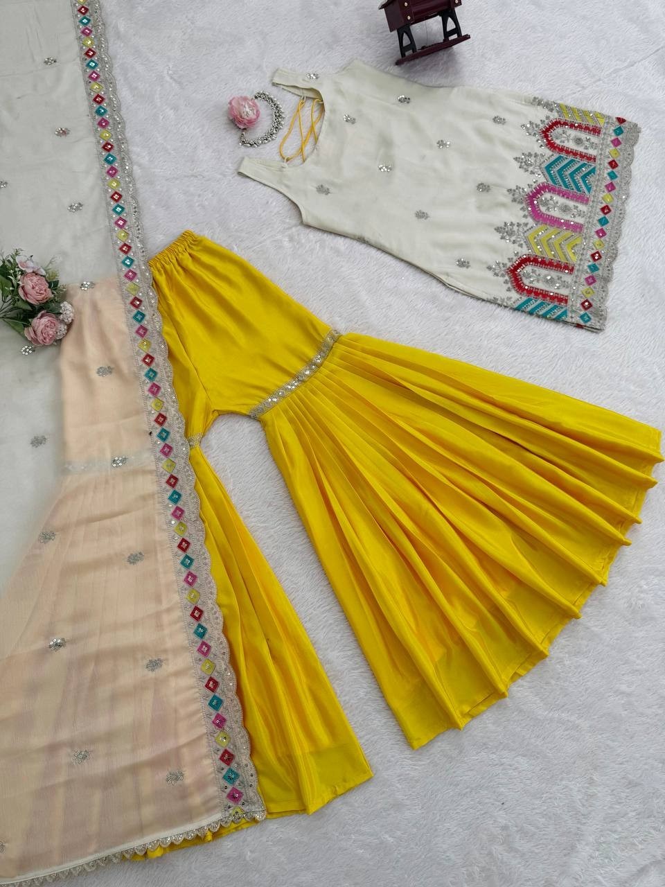 Latest Heavy Chinon Silk Off White Top Palazzo With Dupatta For Festival Wear thumbnail 9