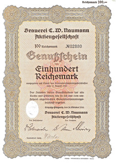 Brauerei C. W. Naumann AG Leipzig Plagwitz Genußschein 100 RM 1933