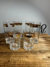 Vintage MCM Tumbler Water Juice Glass with Gold Band Set 2- 3.5" Tall Set 4 - 5"