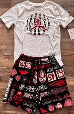 NWT Nike Jordan Boys YLG Black/White/Red All Over Print Fleece Shorts Set Large