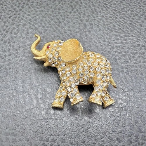 Vintage Warner Elephant Brooch Pin Gold Tone Rhinestone Crystal Costume Jewelry