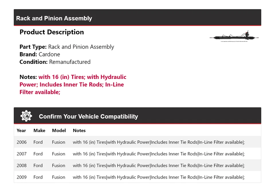 Conjunto de piñón y cremallera para Ford Fusion 2006-2009 Cardone 2007 2008 Foto 2 de 4