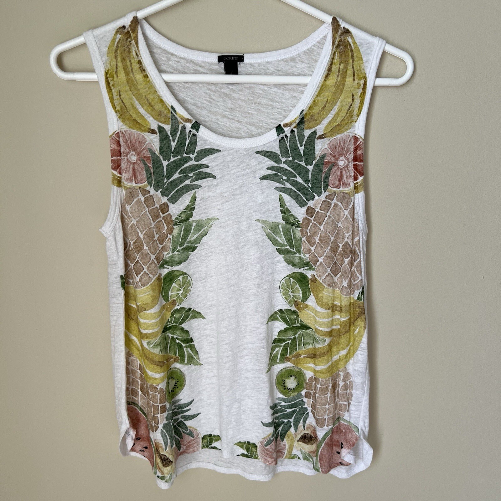 J. Crew Womens Linen Tank Top Small Tropical Fruit Botanical Beachy Vacation