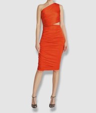 $445 Halston Women's Orange Cassidy Ruched Cutout One Shoulder Dress Size 12