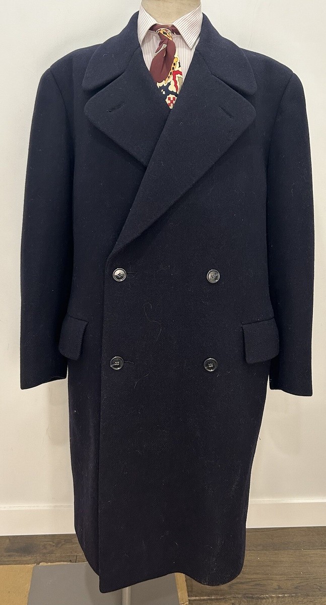 Men’s 1940s DB Ulster Collar Belt Back Navy Blue Overcoat Bespoke European  XL