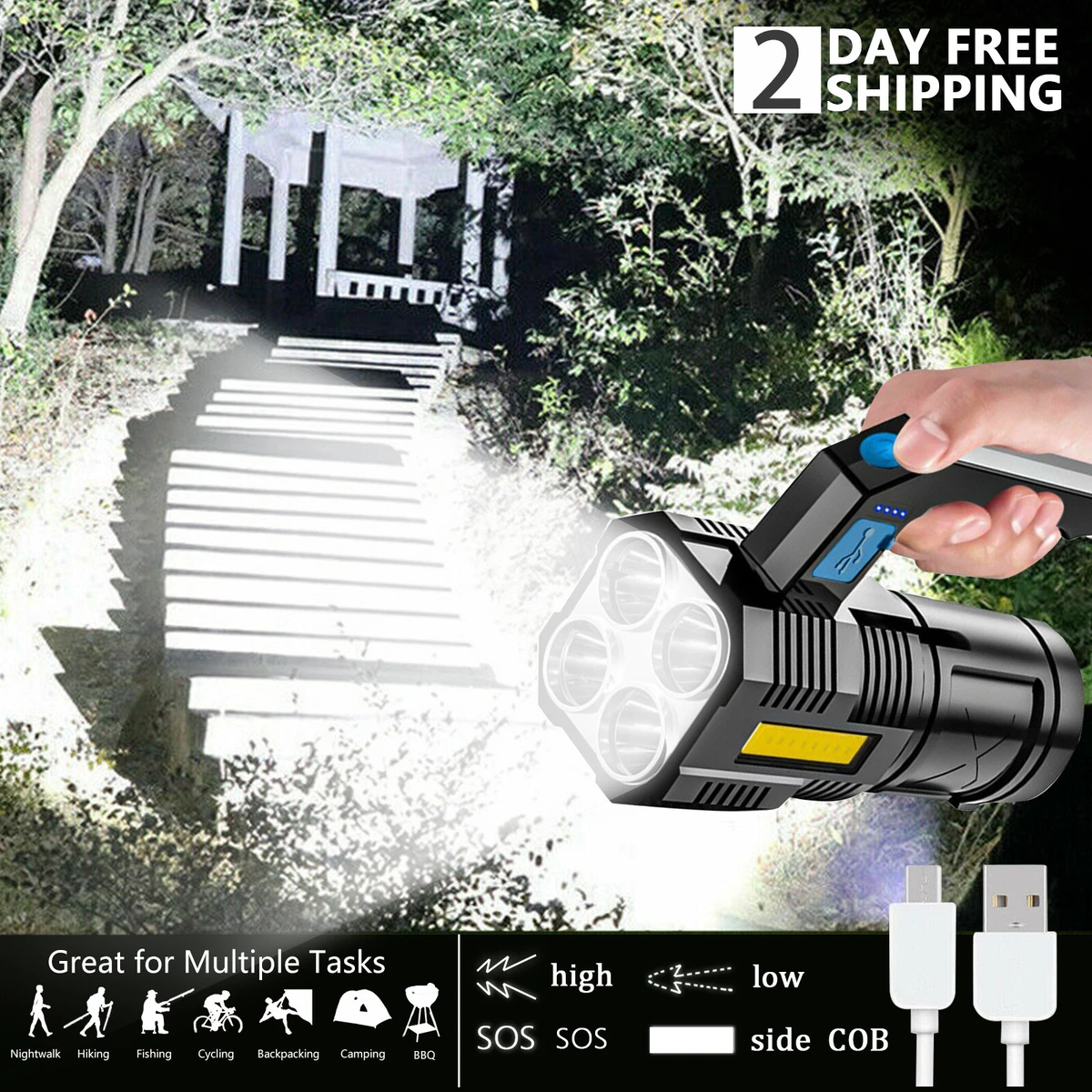 Linterna LED Táctica Recargable 990,000 Lúmenes - Zoom Ajustable, Impermeable, USB, Ideal Para Camping O Emergencias