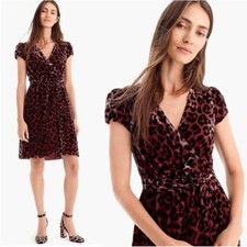 J. Crew Faux Wrap Velvet Rose Leopard Print Dress, V-Neck, MISSING Belt Sz 00