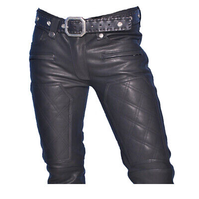 Men's Real Leather Bikers Pants Quilted Panels Slim Fit Bikers Leather ...