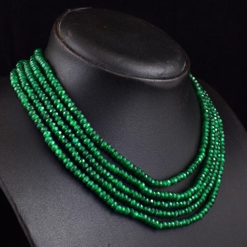 384 Cts Natural 5 Strand Green Onyx Round Shape Faceted Beads Necklace JK 13E364