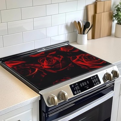 Rose Stove Top Cover for Electric, Abstract Red Rose and Black Leaves Glass Cera