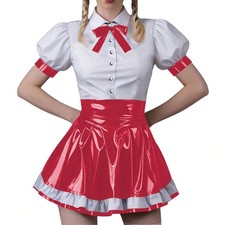 Mujeres Vinilo PVC Bodycon Conjuntos de Mucama Dulce Sexy Top Fiesta Juegos con disfraces Falda Unifom