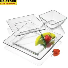12 Piece Square Clear Glass Dinnerware Set Dishwasher Safe Casual Meals Serving