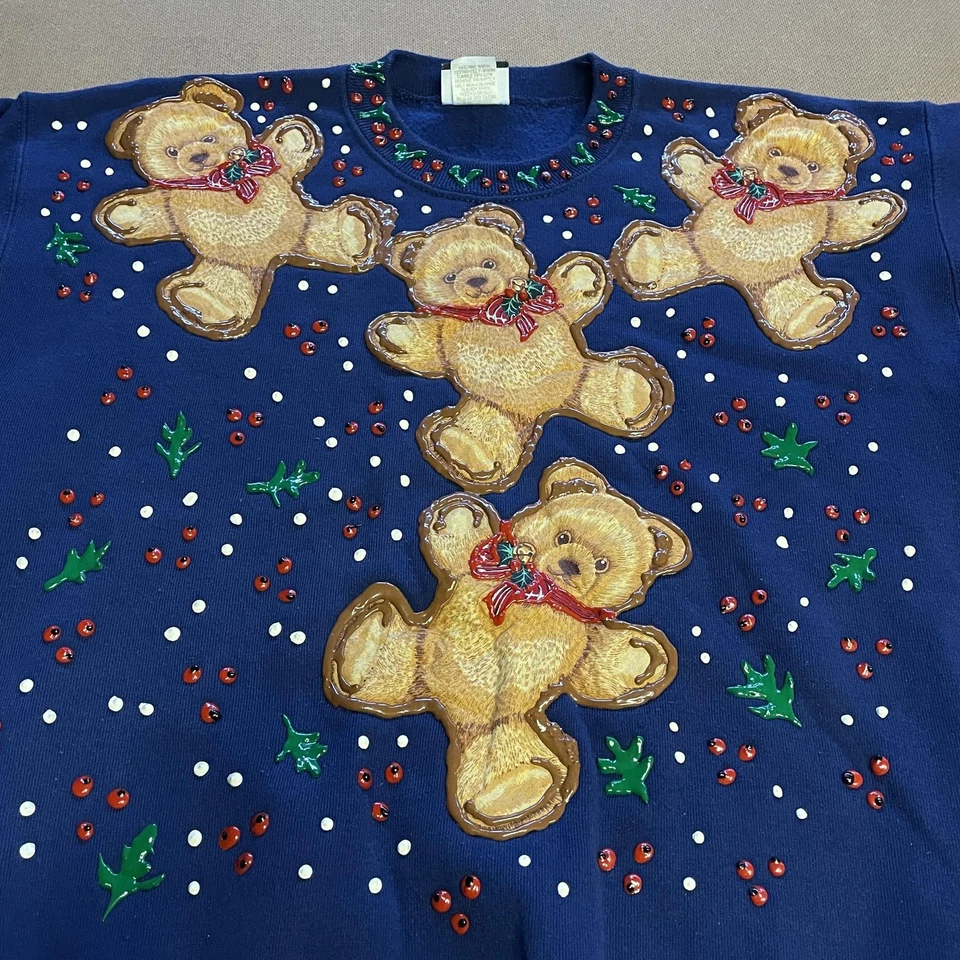 Vintage Lee Sturdy Sweats Sweater Womens Large Blue Teddy Bear Christmas 90s USA - Image 2 of 4