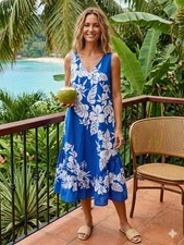 Vintage 90s Blue Floral Dress Ruffle Hem Boho Tiki Luau Tropical Sundress Medium