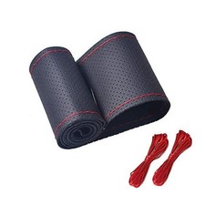 Universal Leather Car Steering Wheel Stitch On Wrap Cover DIY Black with Red