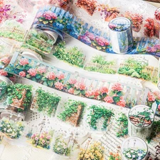 PET Tape Stickers for Journaling 6 Rolls Pre-Cut Flower Washi Tape Stickers Deco