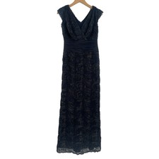 TADASHI SHOJI Evening Gown Size 2 Dress Navy Gold Lace Mesh Textured Detail