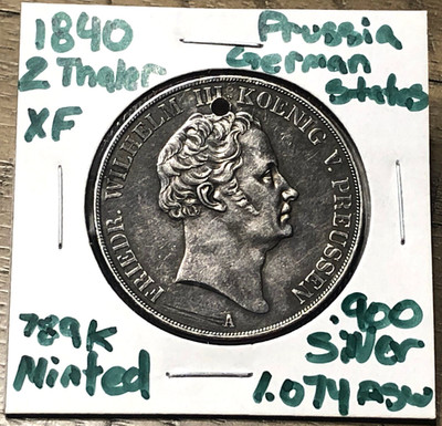 1840 2 THALER PRUSSIA German States WILHELM Silver Coin 3 1/2 Gulden RARE SCARCE