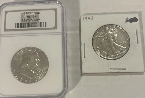 1963 Franklin MS64 & 1943 Walking Liberty Raw AU Free Shipping Lot of 2