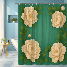 Floral Peony Shower Curtain on Green Background, Elegant Design