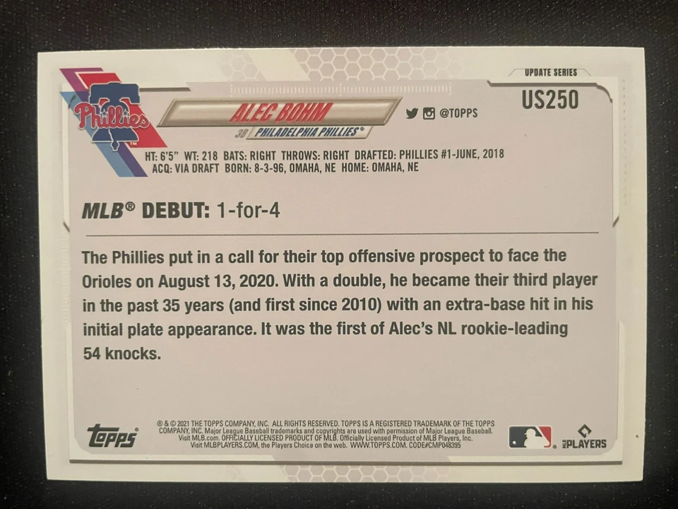 Alec BOHM 2021 Topps Update Series Rookie #US250 Philadelphia Phillies - Image 2 of 2
