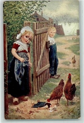 39530252 - sign. Schmidt Puppe Huehner Holzschuhe Trotzkoepfchen Kind 1916