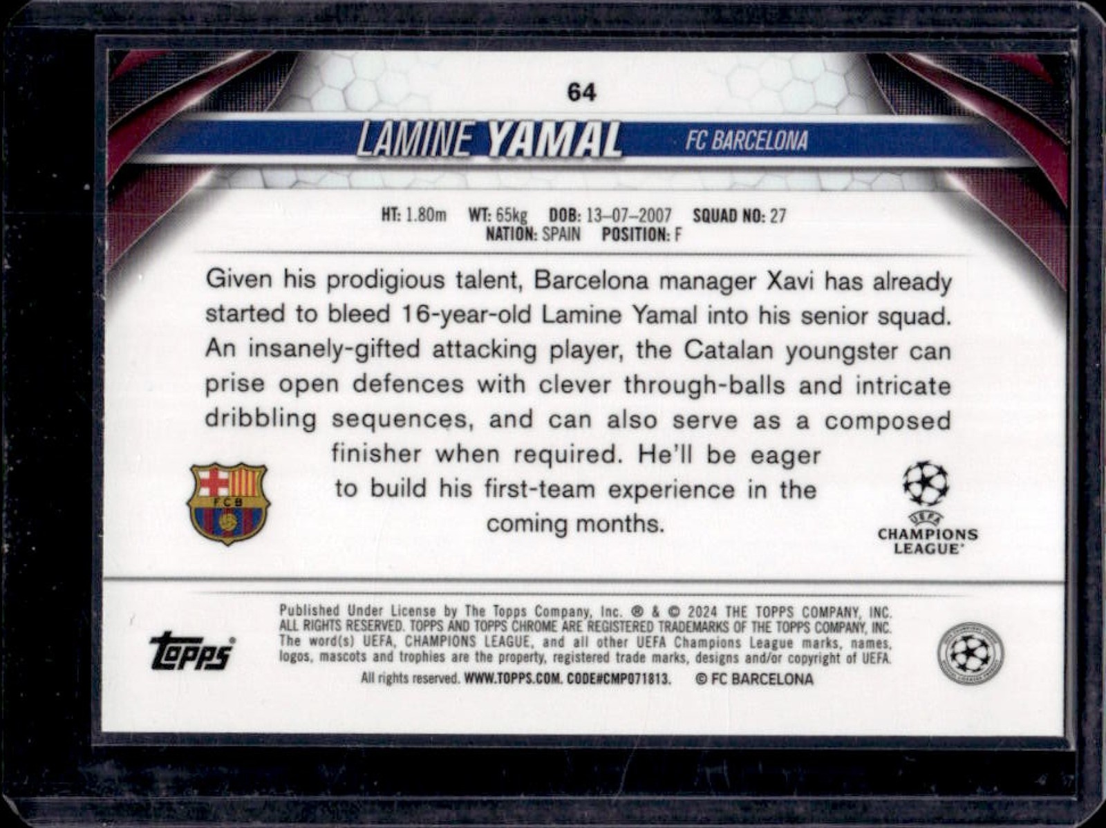 2023-24 Topps Chrome UEFA Lamine Yamal RC Rookie #64 Barcelona view 2
