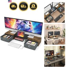 Dual Monitor Stand Riser with Drawers Rustic Wood Large Storage for Desktops ...